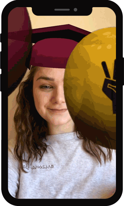 Augmented reality filter that adds a grad cap to the user and balloons that slowly fall from above