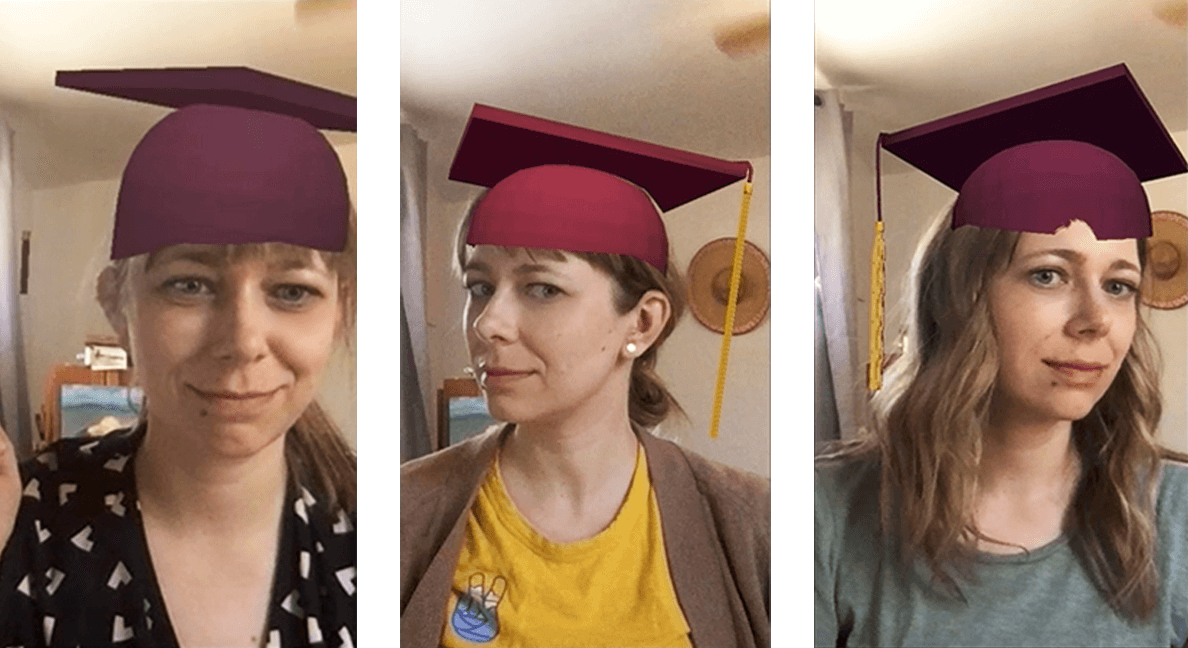 A series of photos showing the designer testing the graduation cap filter during stages of development