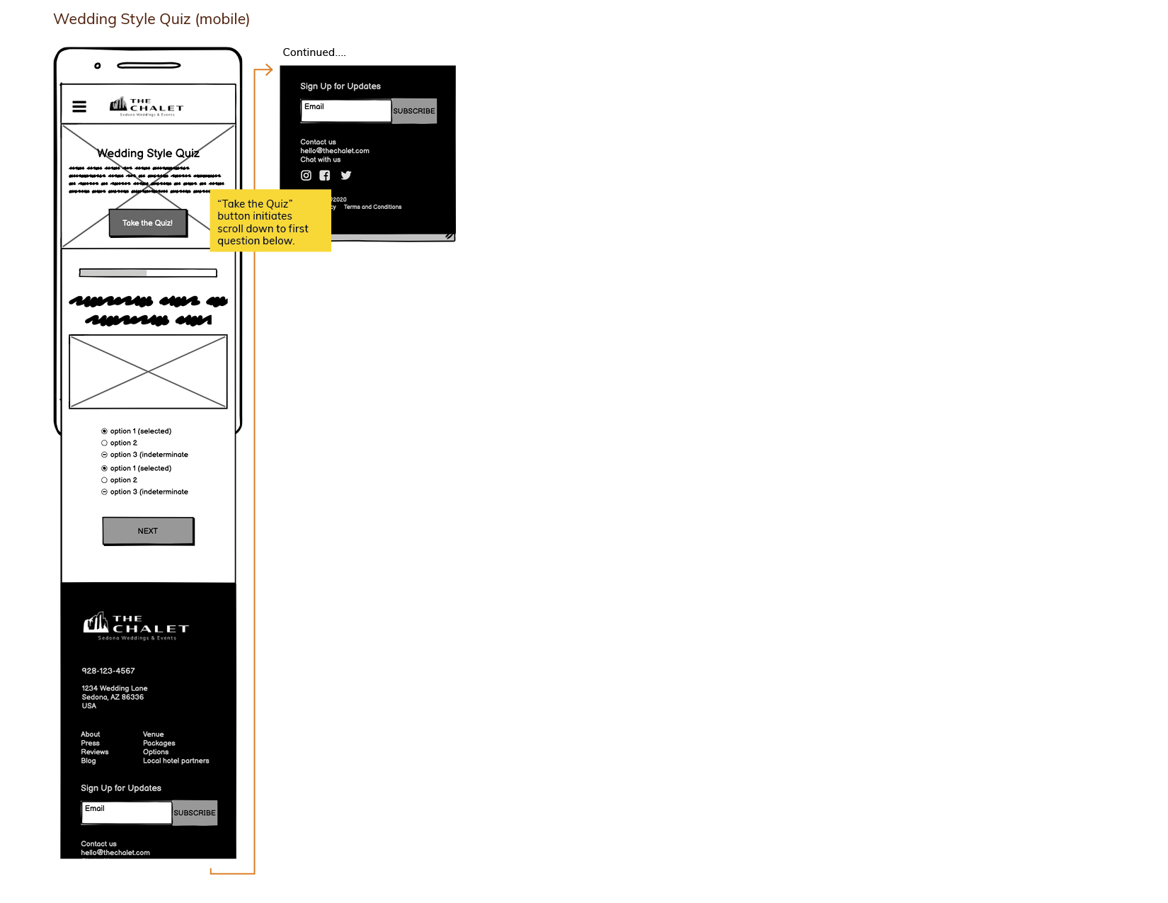 The Chalet wireframe - Wedding style quiz page, mobile