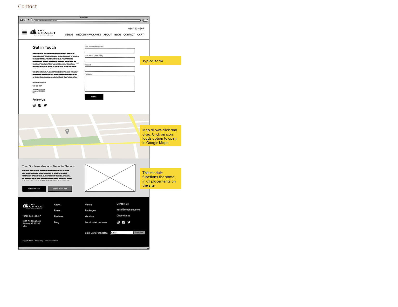 The Chalet Wireframe - Contact page, desktop