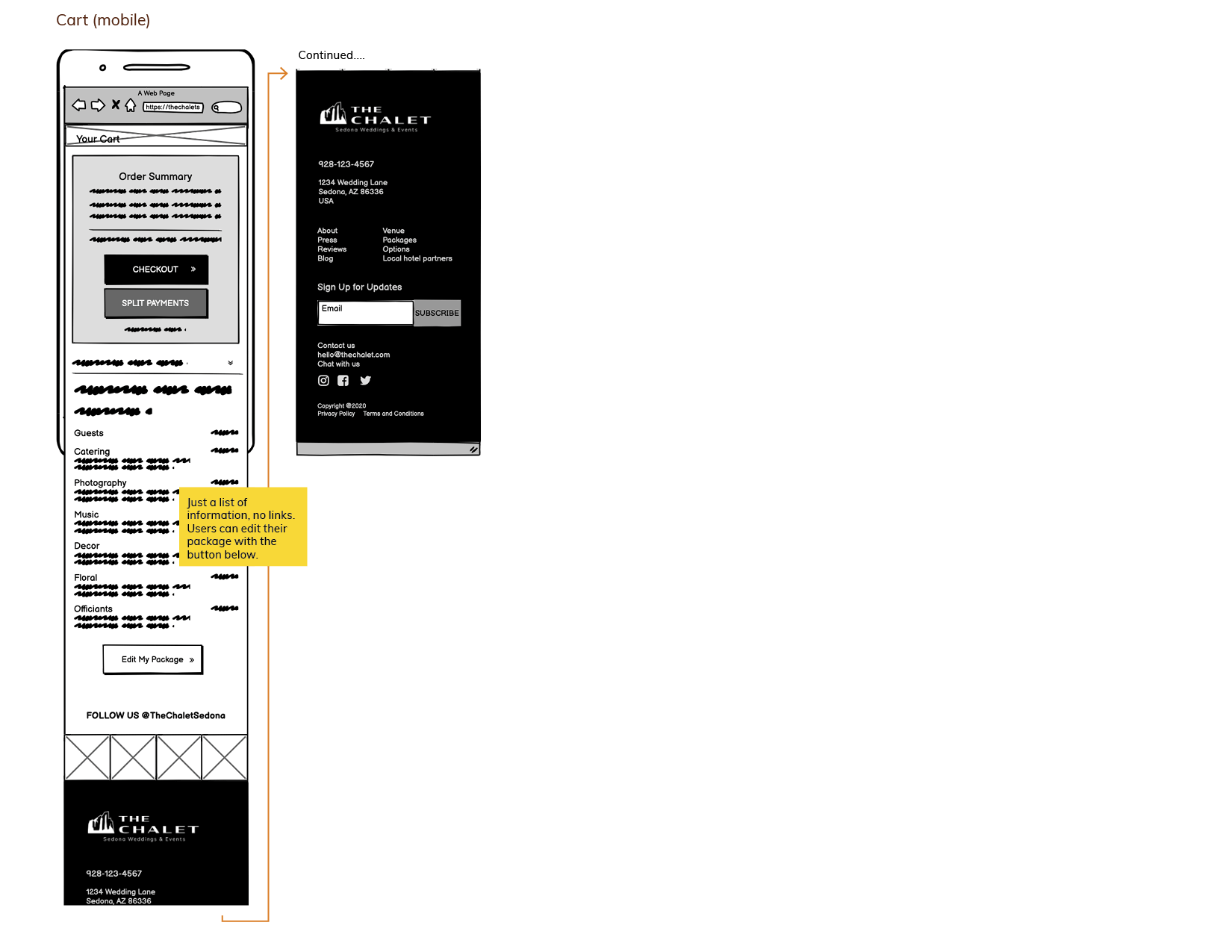 The Chalet Wireframe - Cart page, mobile