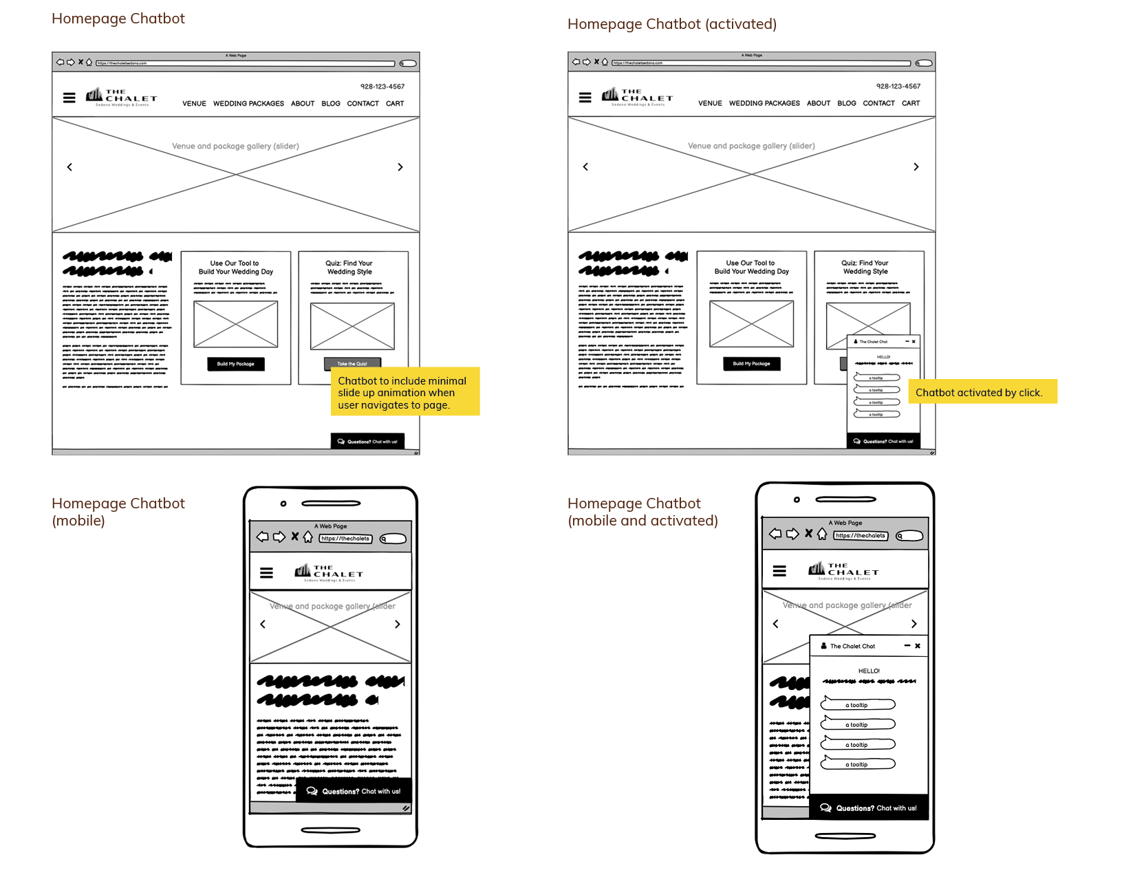 The Chalet Wireframe - Homepage chatbot