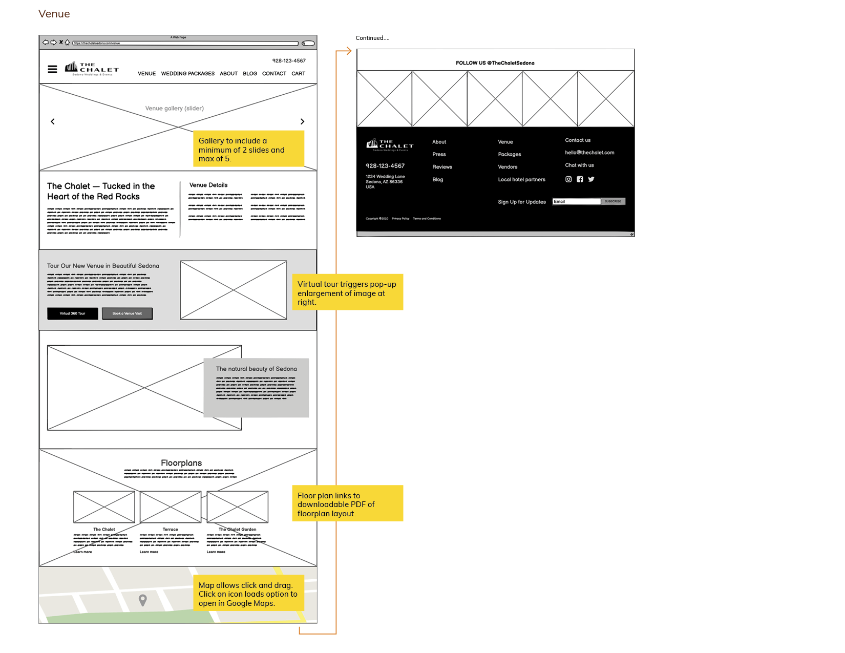 The Chalet wireframe - Venue page, desktop