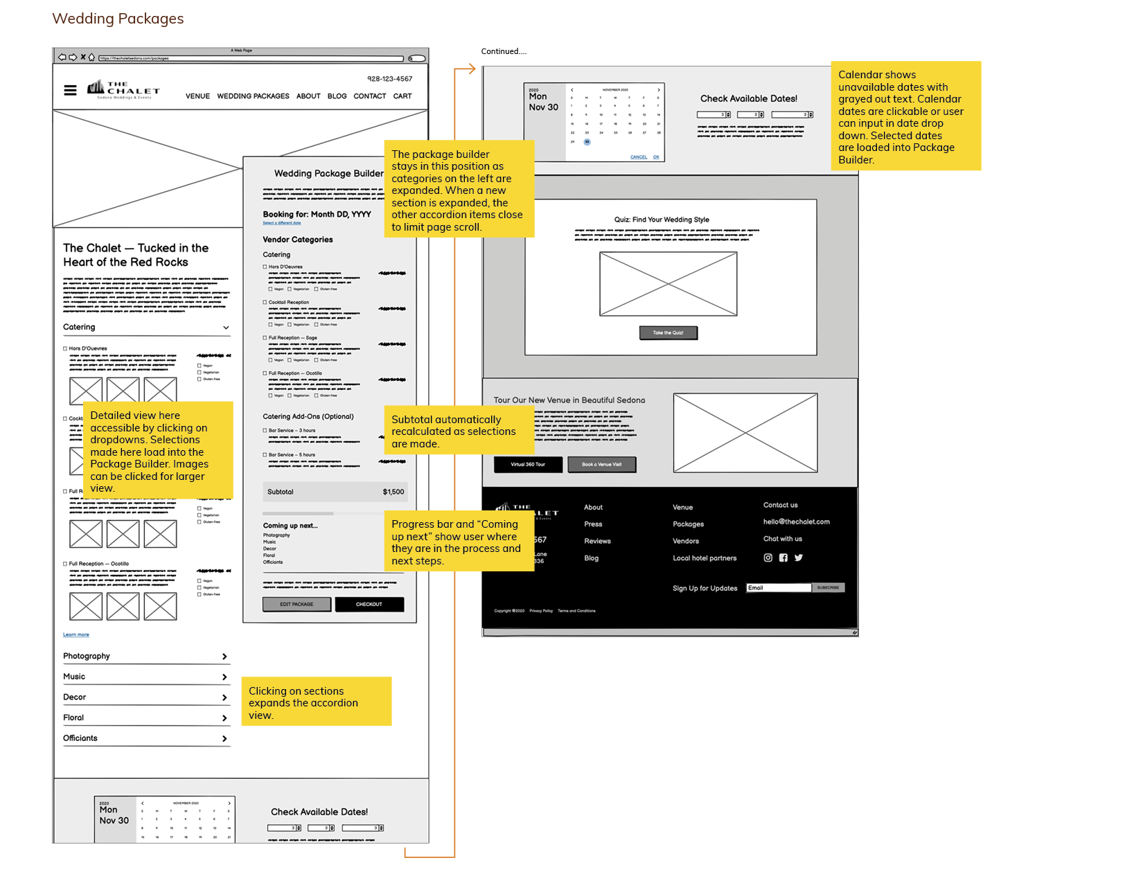 The Chalet wireframe - Wedding package page, desktop