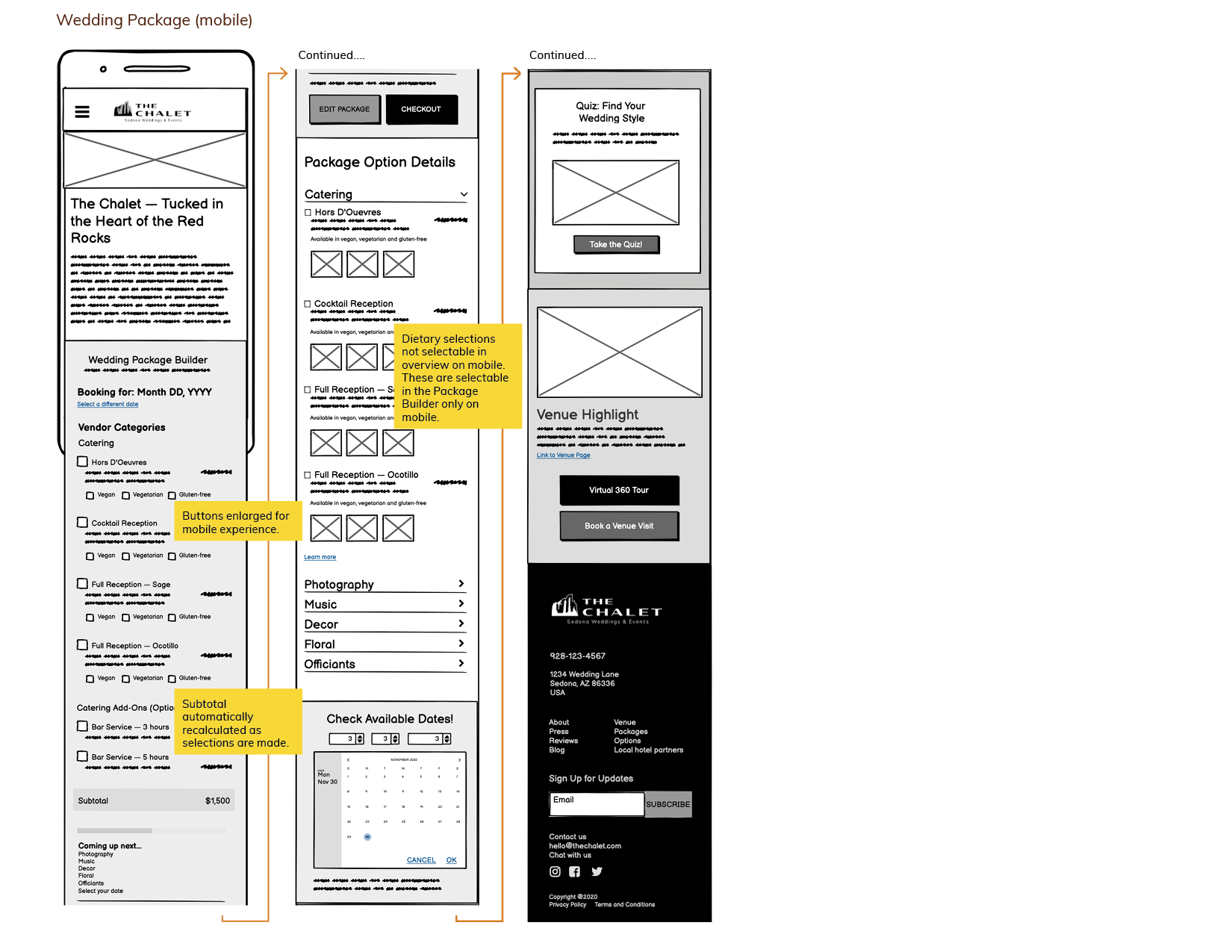 The Chalet wireframe - Wedding package page, mobile
