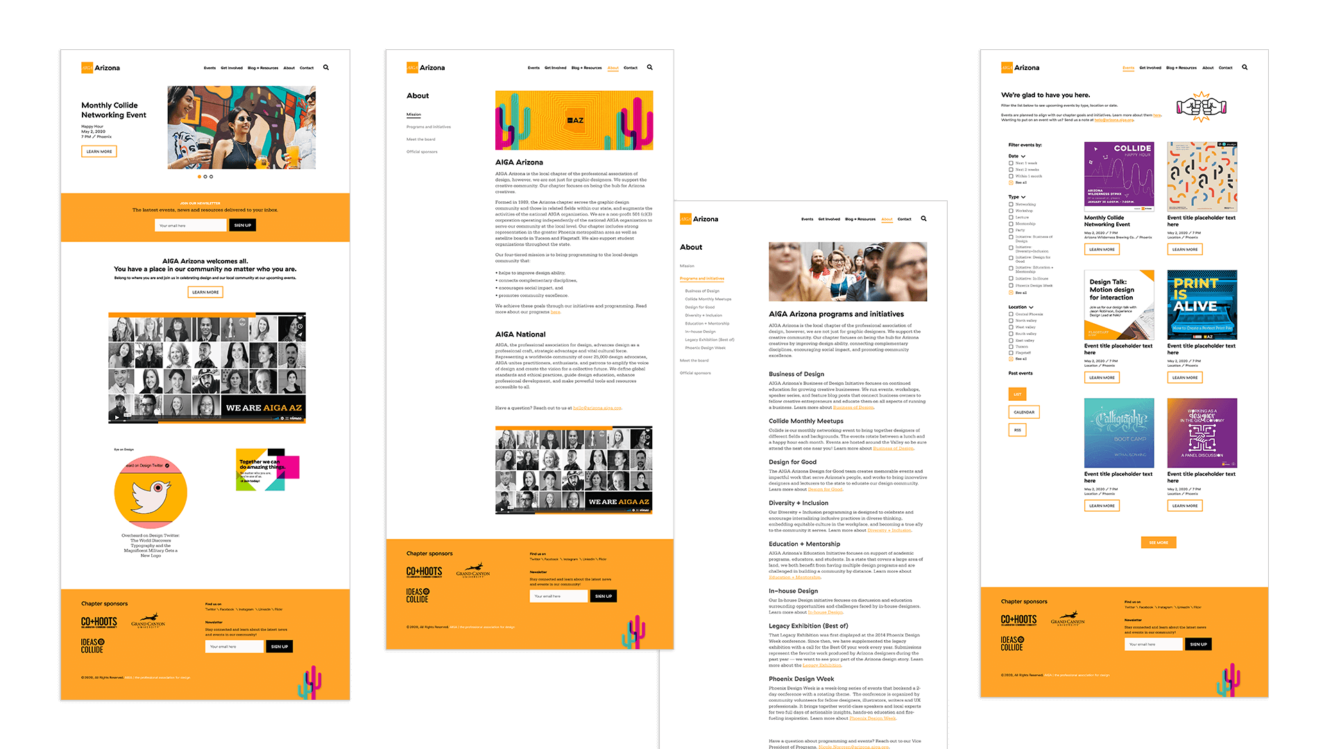 Screenshot of the AIGA AZ redesigned pages including the homepage, about and events pages